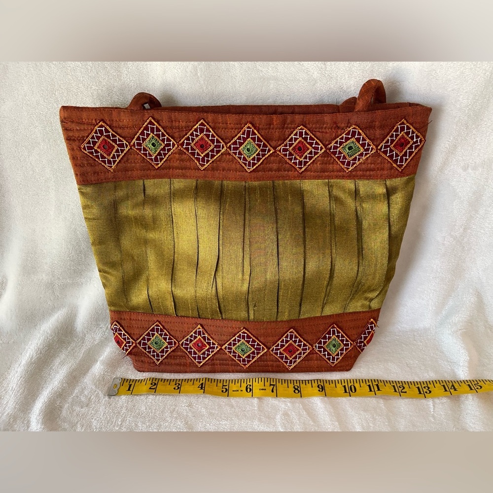 Vintage silk shoulder handbag with zipper boho - Picture 5 of 8